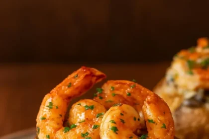 Steak, shrimp, and mushroom topped loaded baked potatoes on a plate