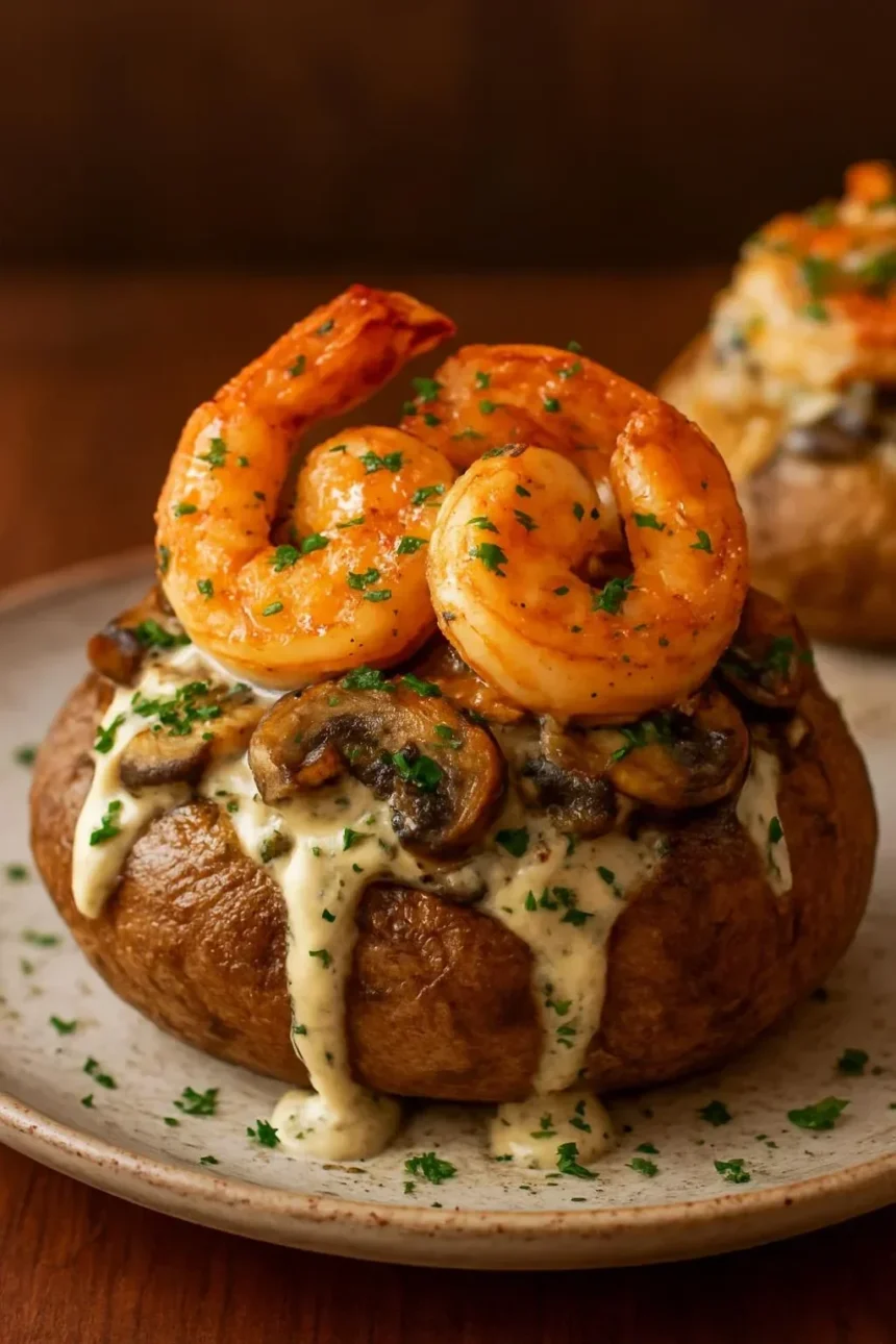 Steak, shrimp, and mushroom topped loaded baked potatoes on a plate