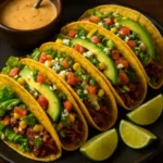 Delicious steak tacos with street corn, caramelized onions, and queso