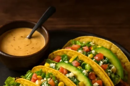Delicious steak tacos with street corn, caramelized onions, and queso