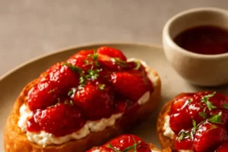 Strawberry orange balsamic jam served with honey whipped goat cheese