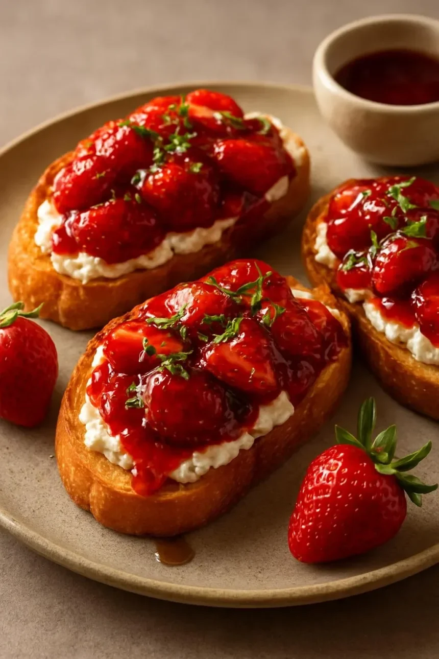 Strawberry orange balsamic jam served with honey whipped goat cheese