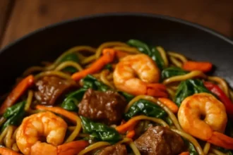 Surf & Turf Noodle Stir-Fry featuring steak and shrimp served in a delicious sauce