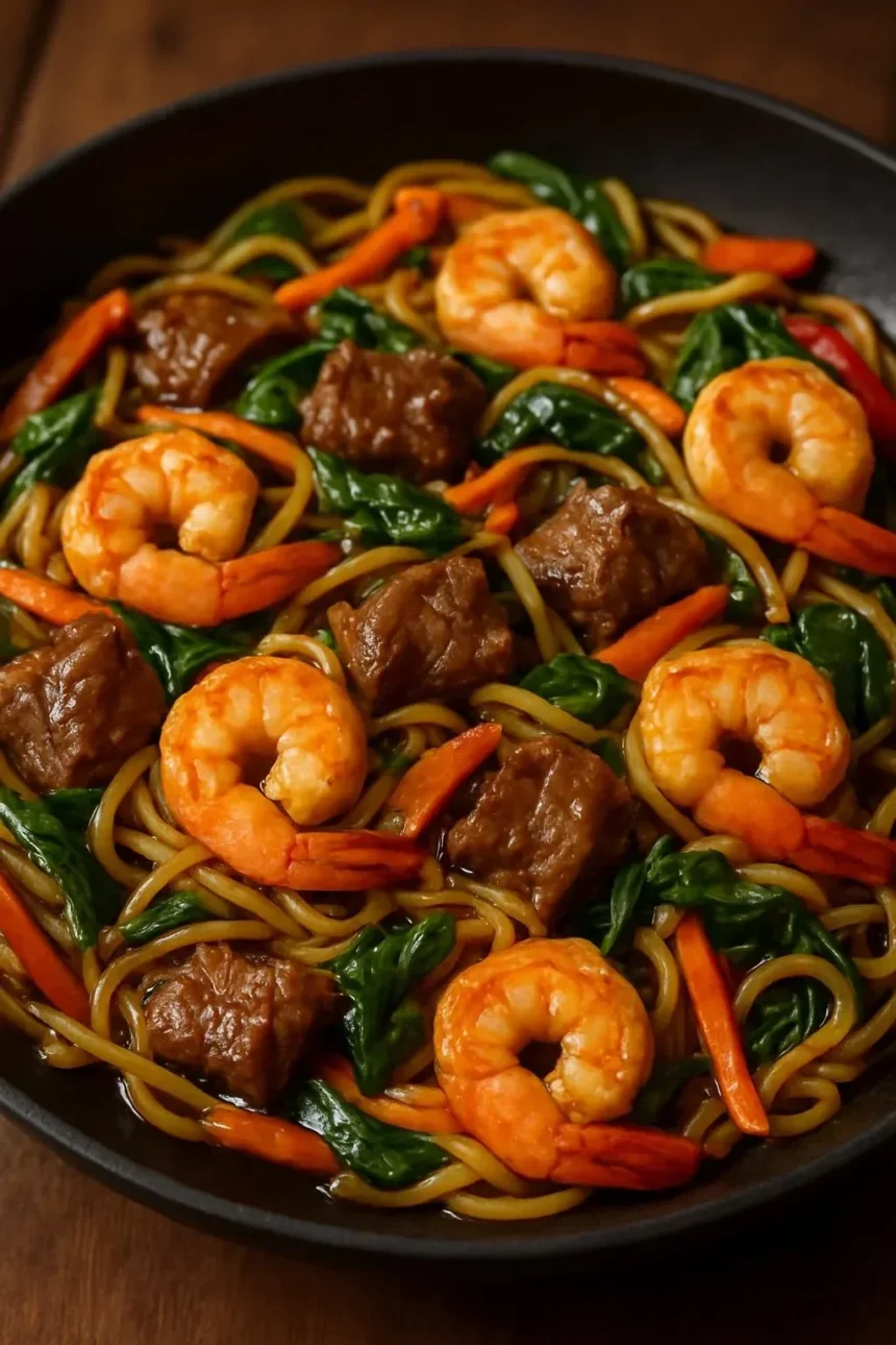 Surf & Turf Noodle Stir-Fry featuring steak and shrimp served in a delicious sauce