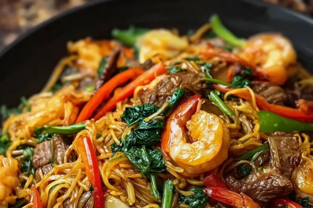 Delicious Surf & Turf Stir-Fry Noodles with seafood and beef vegetables