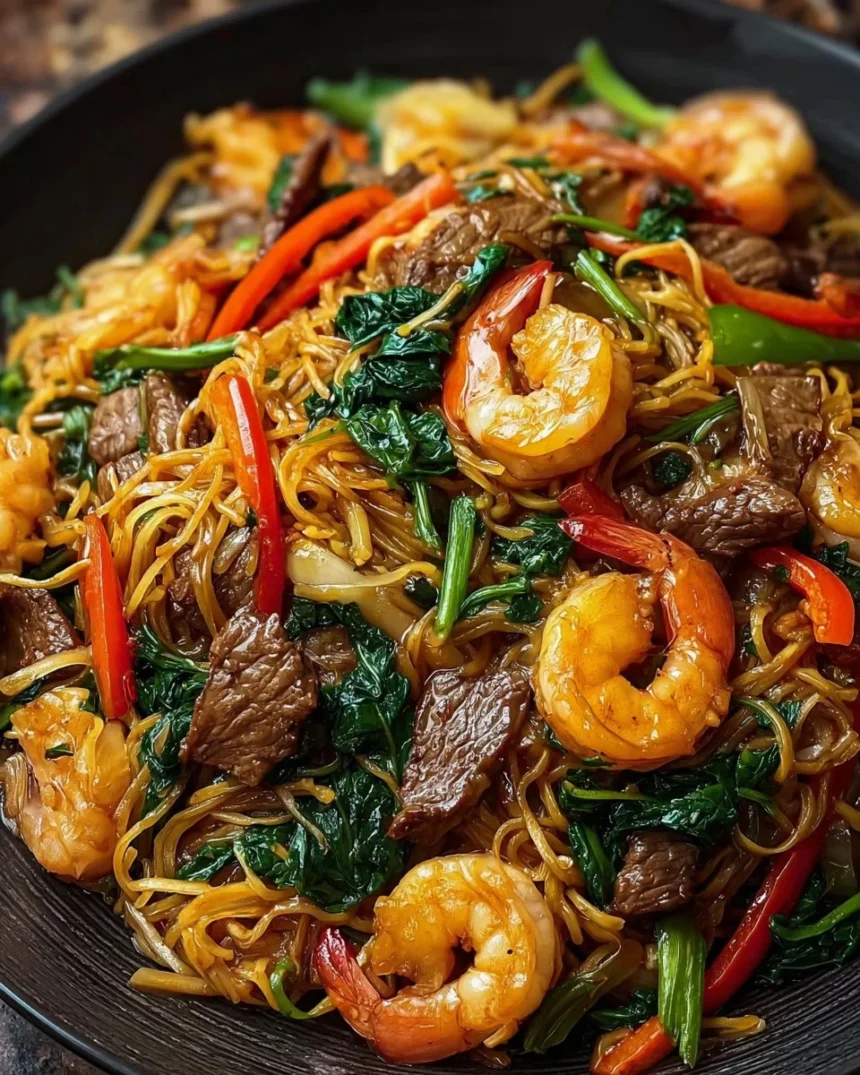 Delicious Surf & Turf Stir-Fry Noodles with seafood and beef vegetables