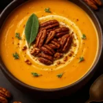 Bowl of sweet potato apple coconut soup garnished with herbs