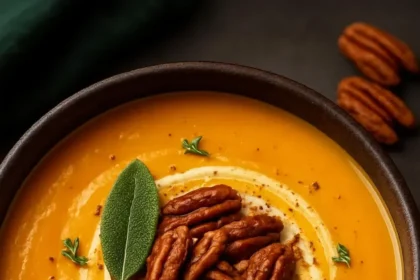 Bowl of sweet potato apple coconut soup garnished with herbs