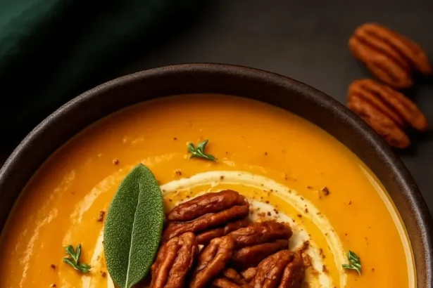 Bowl of sweet potato apple coconut soup garnished with herbs