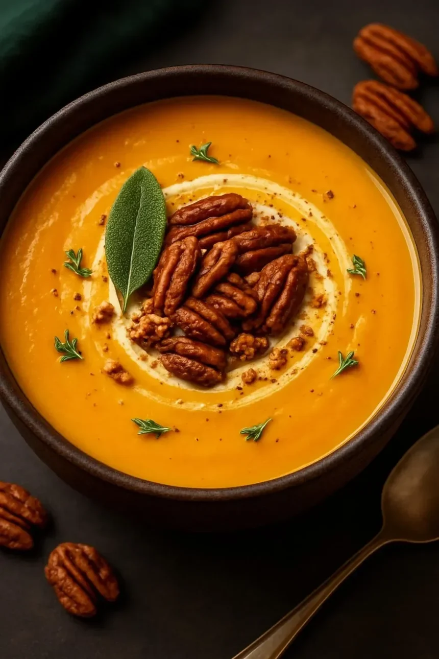 Bowl of sweet potato apple coconut soup garnished with herbs