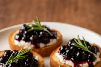 Tangy whipped goat cheese crostini drizzled with blueberry balsamic glaze.