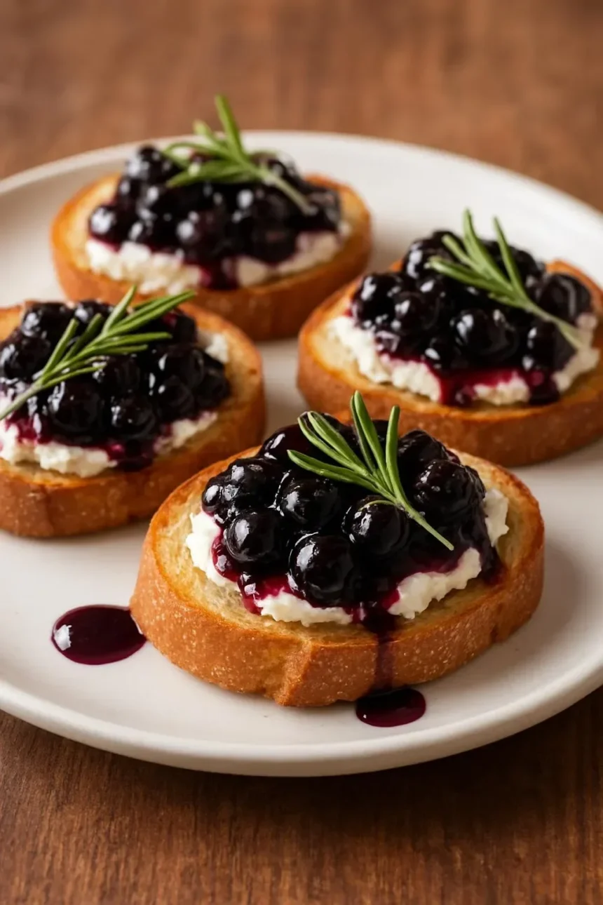 Tangy whipped goat cheese crostini drizzled with blueberry balsamic glaze.