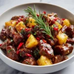 Tender caramelized beef with pineapple served on a plate