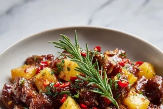 Tender caramelized beef with pineapple served on a plate