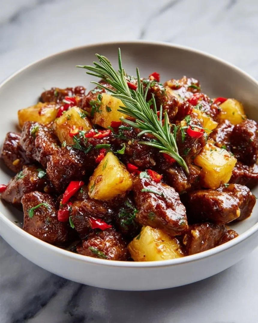 Tender caramelized beef with pineapple served on a plate