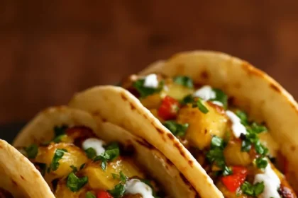 Delicious Teriyaki Chicken Tacos with grilled pineapple salsa and pineapple lime crema
