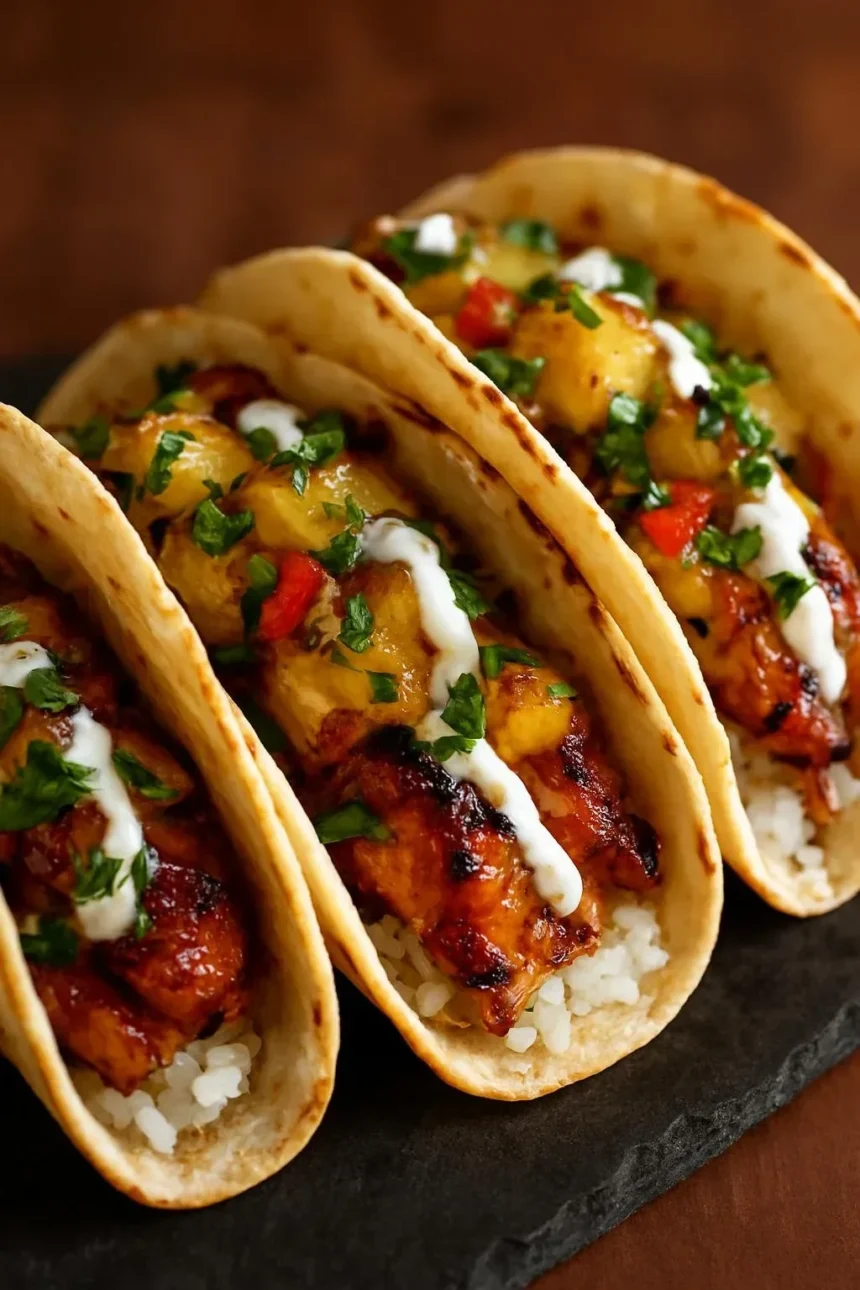 Delicious Teriyaki Chicken Tacos with grilled pineapple salsa and pineapple lime crema