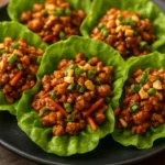 Delicious Thai Chicken Lettuce Wraps served with fresh vegetables and dipping sauce.