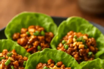 Delicious Thai Chicken Lettuce Wraps served with fresh vegetables and dipping sauce.