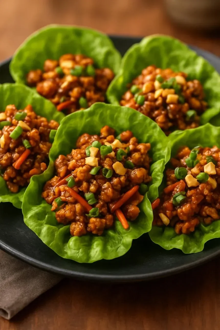 Delicious Thai Chicken Lettuce Wraps served with fresh vegetables and dipping sauce.