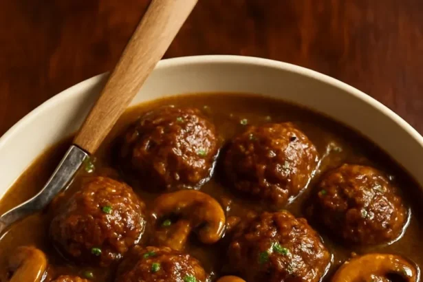 Delicious Salisbury Steak Meatballs served with rich mushroom gravy on a plate.