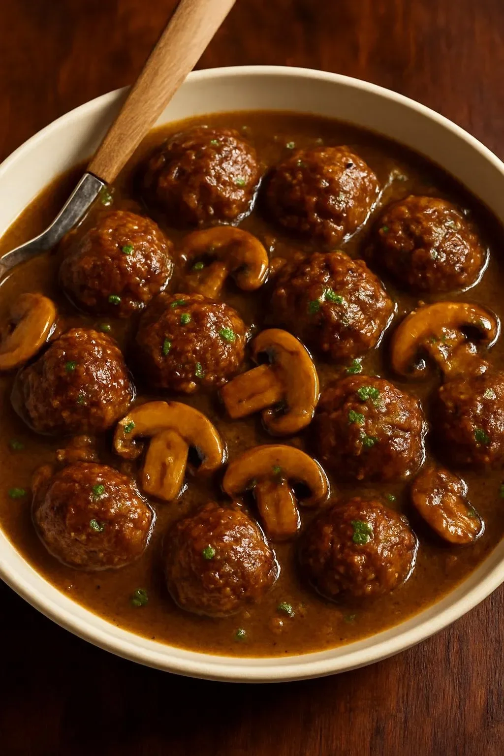 Delicious Salisbury Steak Meatballs served with rich mushroom gravy on a plate.