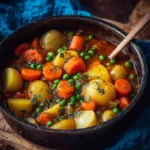 A bowl of vibrant vegetable stew with colorful vegetables and herbs.