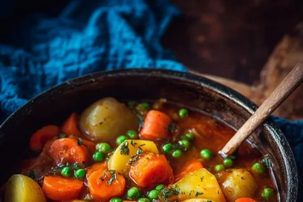 A bowl of vibrant vegetable stew with colorful vegetables and herbs.