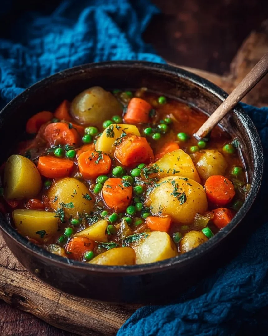 A bowl of vibrant vegetable stew with colorful vegetables and herbs.