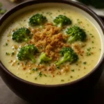 A bowl of velvety broccoli gruyère soup garnished with fresh herbs.