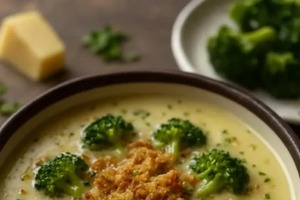A bowl of velvety broccoli gruyère soup garnished with fresh herbs.