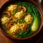 Delicious Wonton Noodle Soup with Mushrooms in a bowl, garnished with green onions