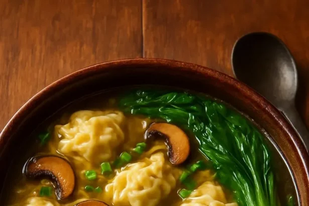 Delicious Wonton Noodle Soup with Mushrooms in a bowl, garnished with green onions