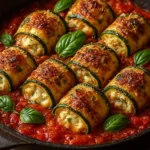 Zucchini Ricotta Rolls filled with mushrooms and served in tomato sauce
