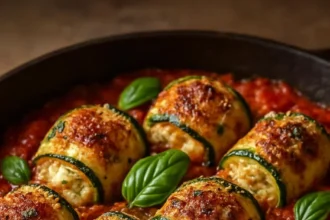 Zucchini Ricotta Rolls filled with mushrooms and served in tomato sauce