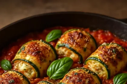 Zucchini Ricotta Rolls filled with mushrooms and served in tomato sauce