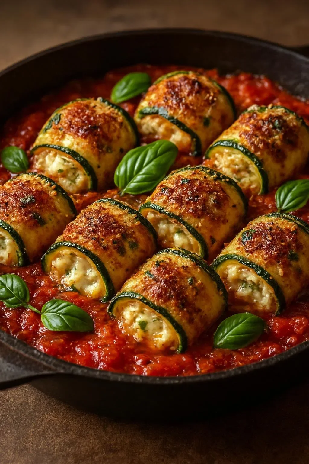 Zucchini Ricotta Rolls filled with mushrooms and served in tomato sauce