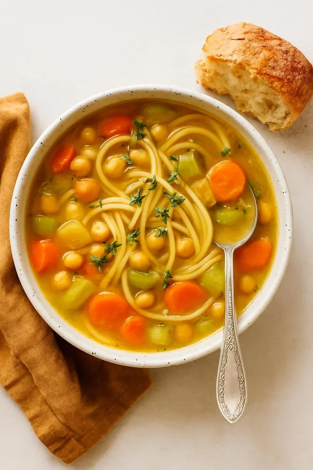 Delicious bowl of 1-Pot Chickpea Noodle Soup garnished with herbs