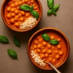 Bowl of 1-Pot Chickpea Tomato Peanut Stew garnished with fresh herbs