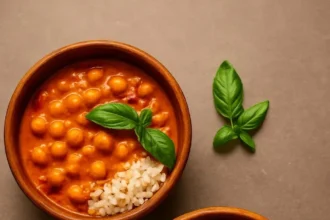 Bowl of 1-Pot Chickpea Tomato Peanut Stew garnished with fresh herbs