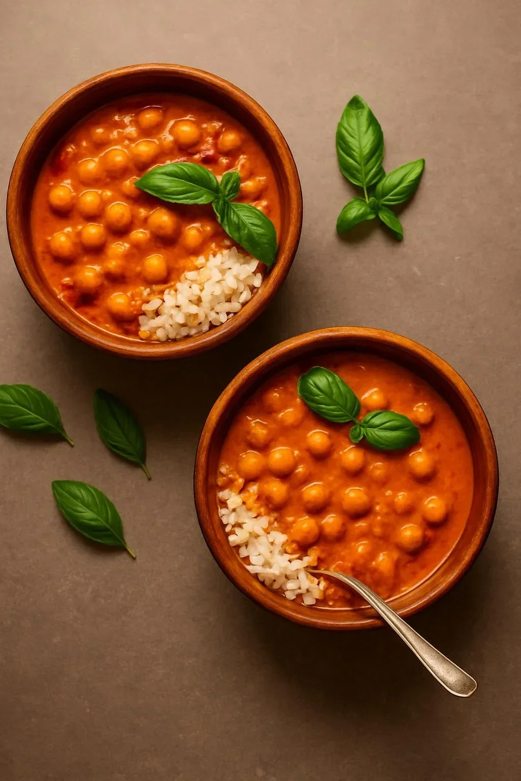 Bowl of 1-Pot Chickpea Tomato Peanut Stew garnished with fresh herbs