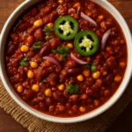 Delicious 1-Pot Red Lentil Chili garnished with herbs and served in a bowl