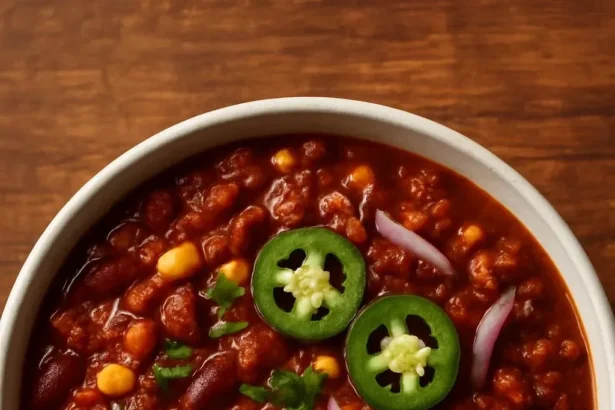 Delicious 1-Pot Red Lentil Chili garnished with herbs and served in a bowl