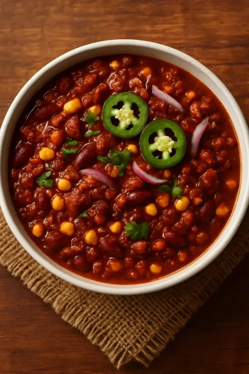 Delicious 1-Pot Red Lentil Chili garnished with herbs and served in a bowl