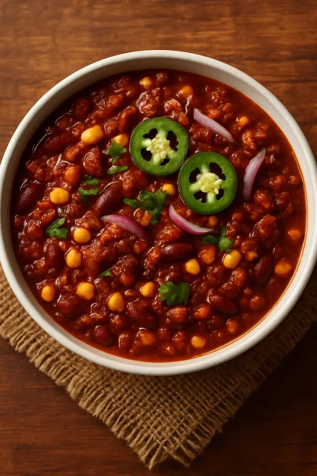 Delicious 1-Pot Red Lentil Chili garnished with herbs and served in a bowl