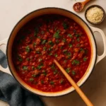 1-Pot Tuscan Style Beef & Lentil Soup in a bowl, garnished with herbs.