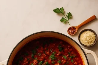 1-Pot Tuscan Style Beef & Lentil Soup in a bowl, garnished with herbs.
