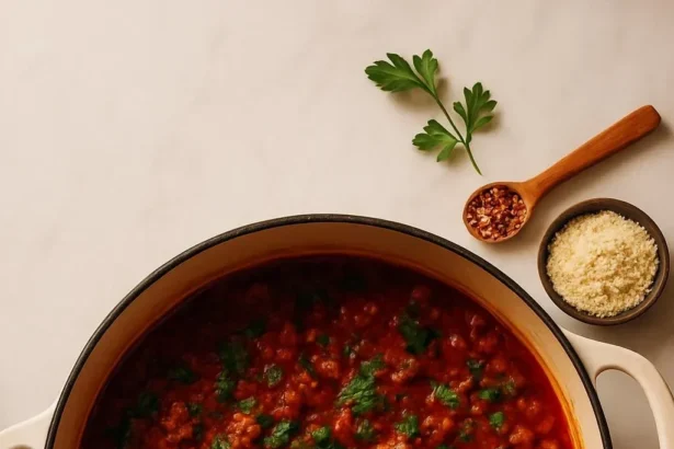 1-Pot Tuscan Style Beef & Lentil Soup in a bowl, garnished with herbs.