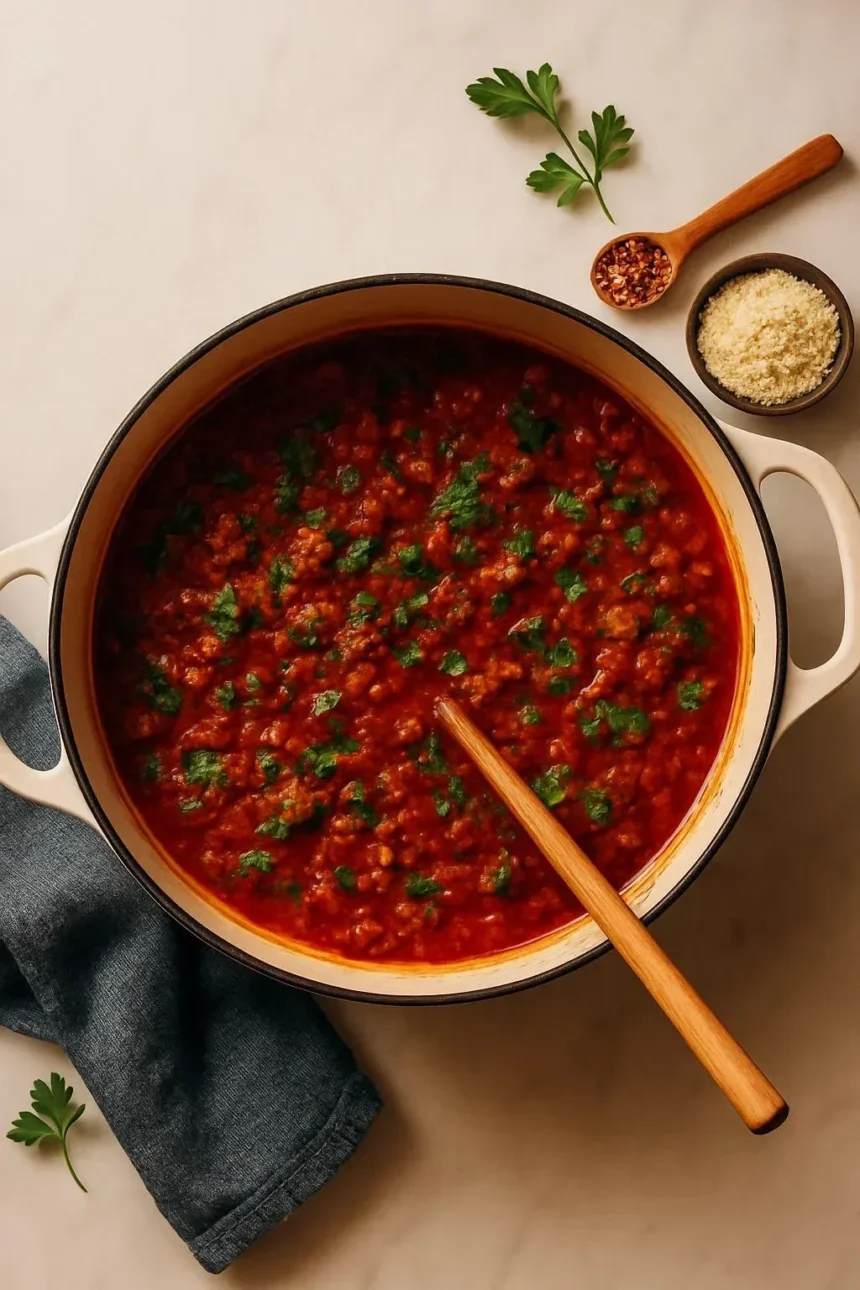 1-Pot Tuscan Style Beef & Lentil Soup in a bowl, garnished with herbs.