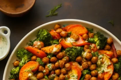 30-Minute Roasted Broccoli Salad with Sweet Potato and Chickpeas